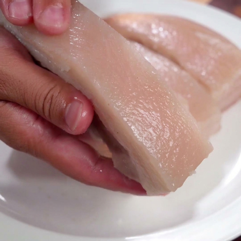 茹でた豚バラ肉のブロックを持ち、皮の面に塩をすり込み、さらに白酢を塗っている手のクローズアップ。