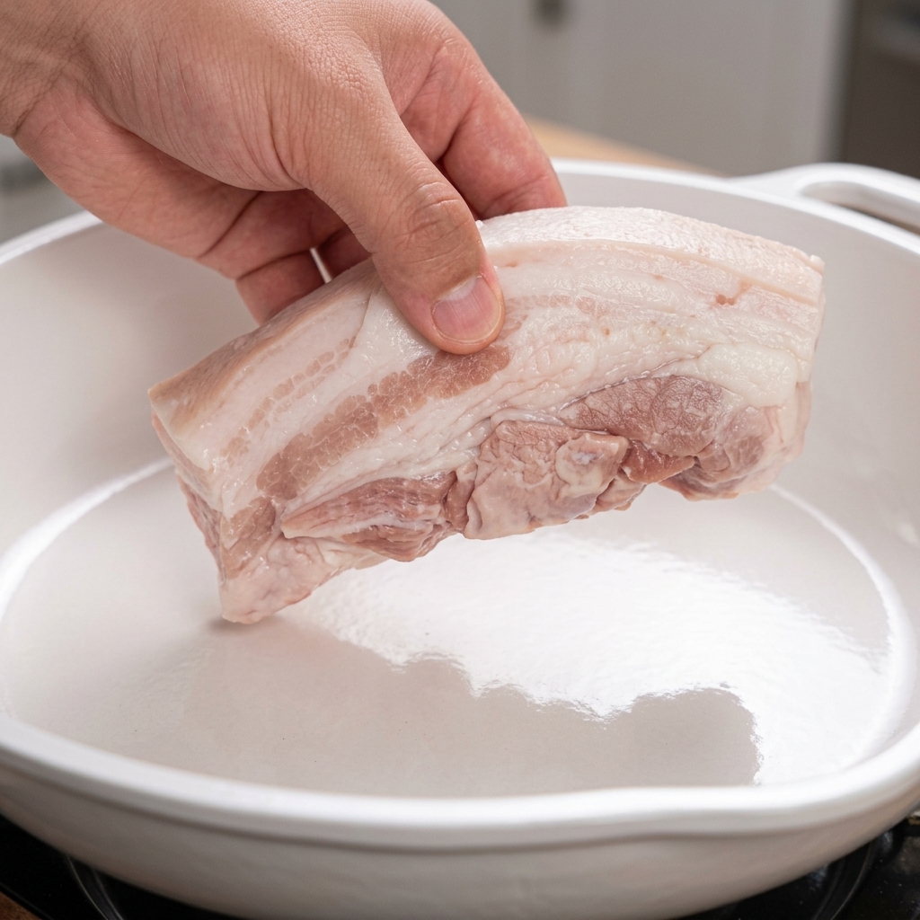 油を一切ひいていない、清潔な白いセラミックコーティングのフライパンに、味付けした厚みのある豚バラ肉を丁寧に入れる手。