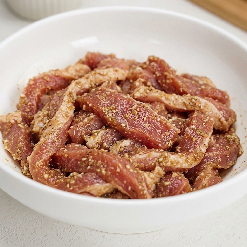 白いボウルの中で、味付けされた生の豚バラ肉にサツマイモ粉と調味料がしっかりと混ざり合い、ねっとりとした厚い衣が絡みついている様子。