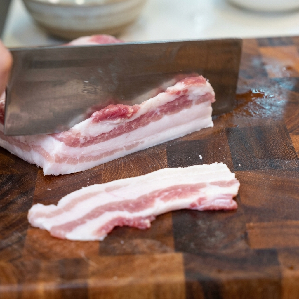 暗い色調の木製まな板の上で、生の豚バラ肉の塊に鋭い包丁を入れて均一な厚さに切り分けている様子。手前には切られた肉の一片が置かれている。