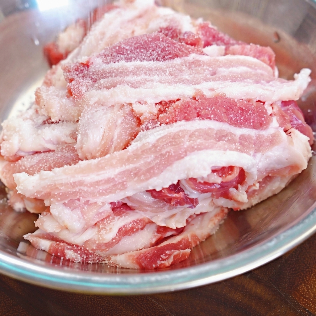 ステンレス製のボウルに入れられた生の豚バラ肉のスライスに、白い微粒子の塩が振りかけられている様子。