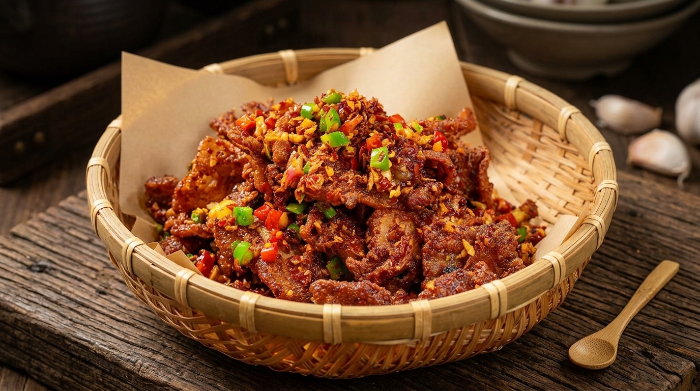 カリカリ豚バラ肉のピリ辛ガーリック炒め（蒜香辣肉）