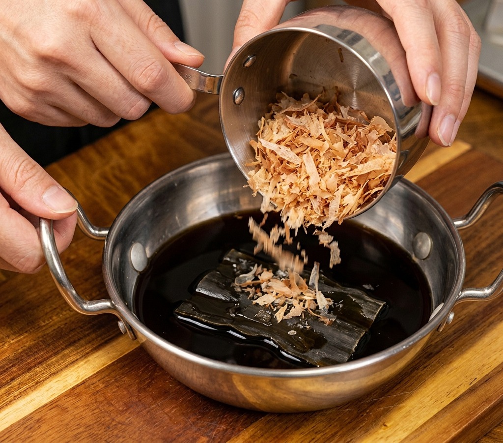 醤油ベースの調味料と四角い昆布が入った鍋に、手でかつお節を投入している様子
