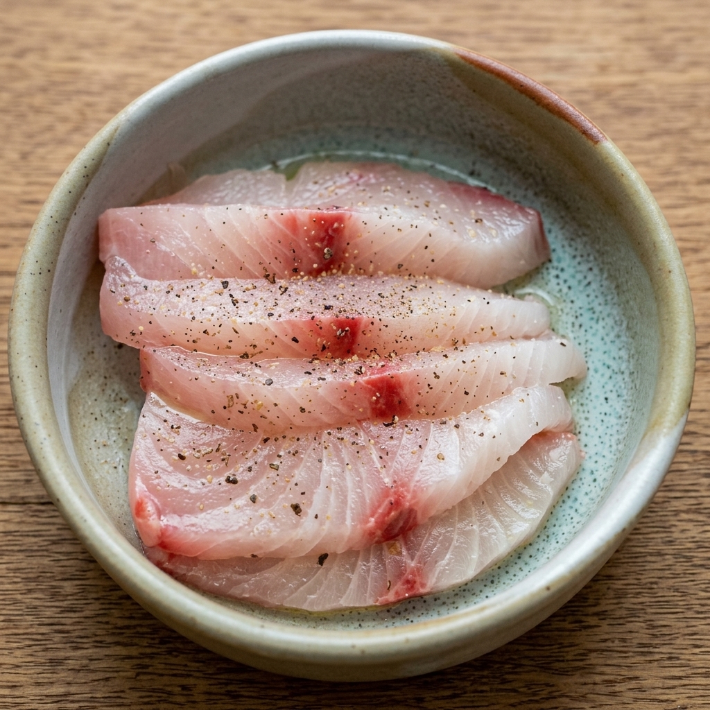浅いボウルにきれいに並べられた生の白身魚(ヒラマサ)に、黒コショウ、少量のオイル、レモン汁を軽くなじませて調味する様子