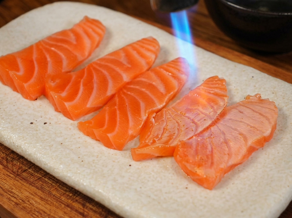 風合いのある白いお皿に載せた厚切りのオレンジ色のサーモンの表面を、キッチントーチの青い炎でさっと炙っている様子