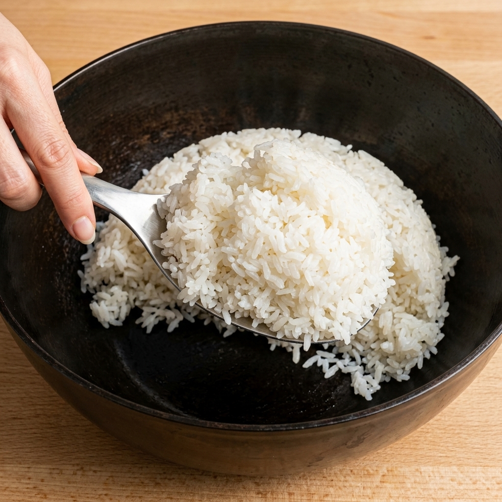 大きな金属製のスプーンを使い、風合いのある濃い色のセラミック丼に、ふっくらとした味付きの酢飯を盛り付けている様子