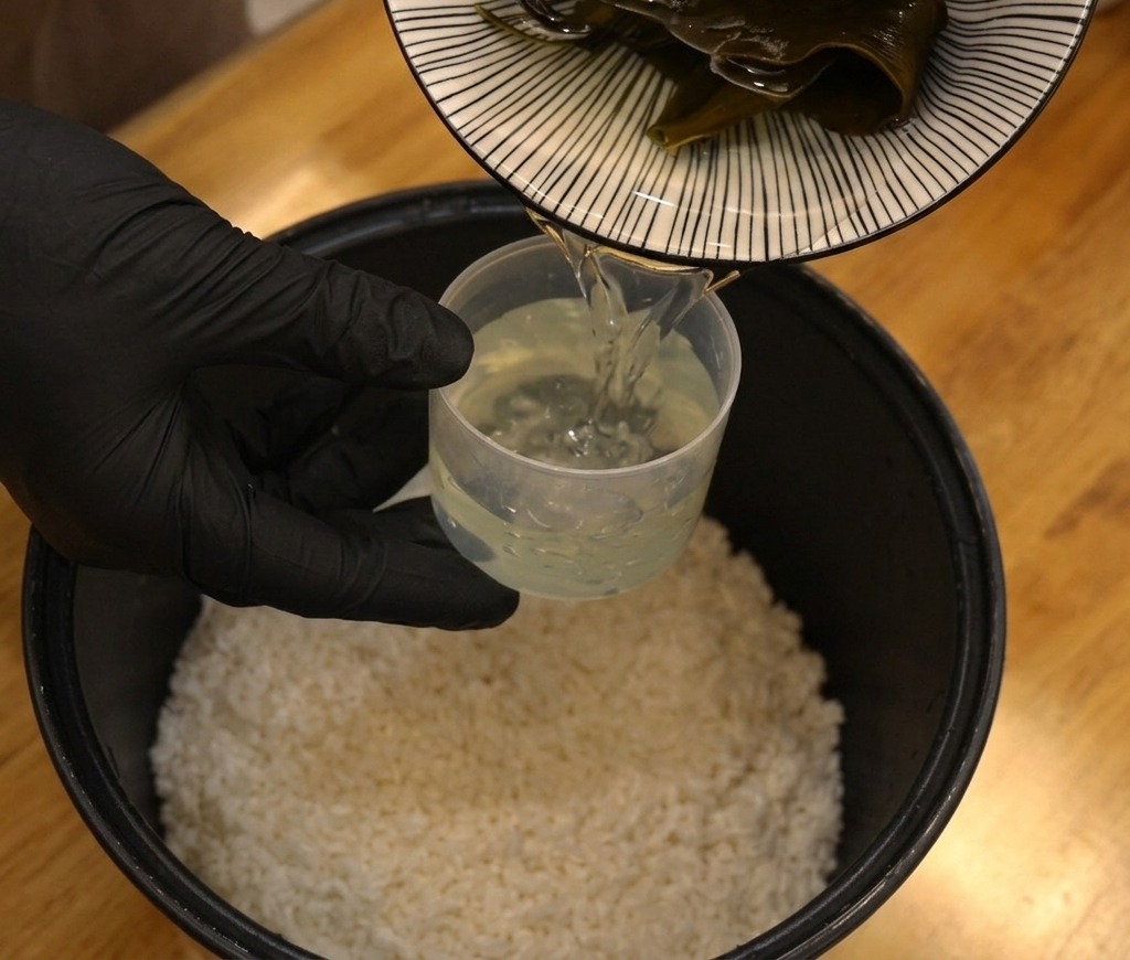 お米の入った黒い内釜に計量カップから水を注ぎながら、もう一方の手でだし用の昆布を入れようとしている様子。