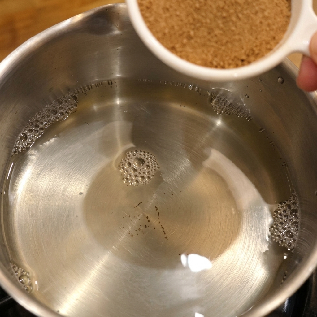 透明な米酢が入ったステンレス製の小鍋に、白い計量カップから三温糖を加えている様子。