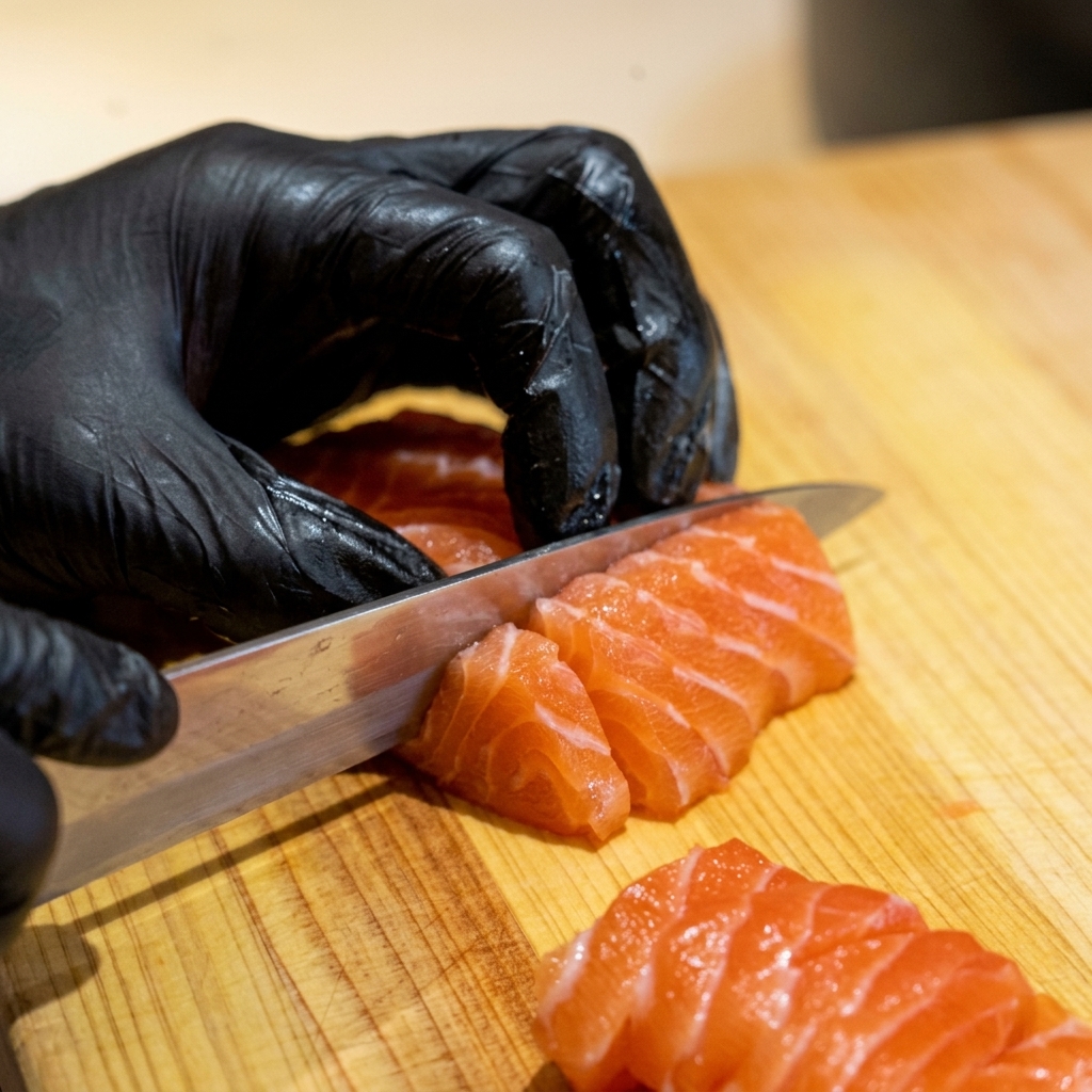木製のまな板の上で、鮮やかなオレンジ色の新鮮なサーモンのフィレを、切れ味の良い包丁で均一な一口サイズの角切りにしている様子。
