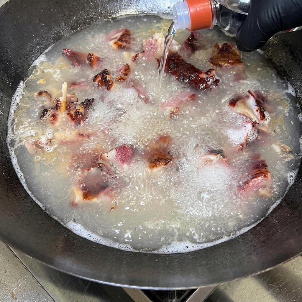 水が入った中華鍋で切り分けたスペアリブを茹でながら、ボトルから透明な強いお酒を注ぎ入れている様子。