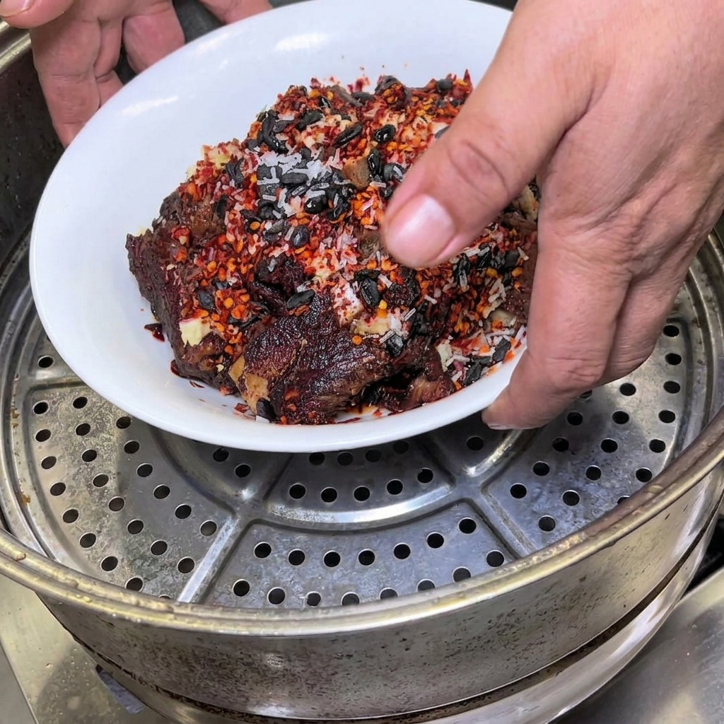 豆豉がのった味付け済みのスペアリブが入った白い器を、丸い金属製の蒸し器の中のトレイに置いている様子。