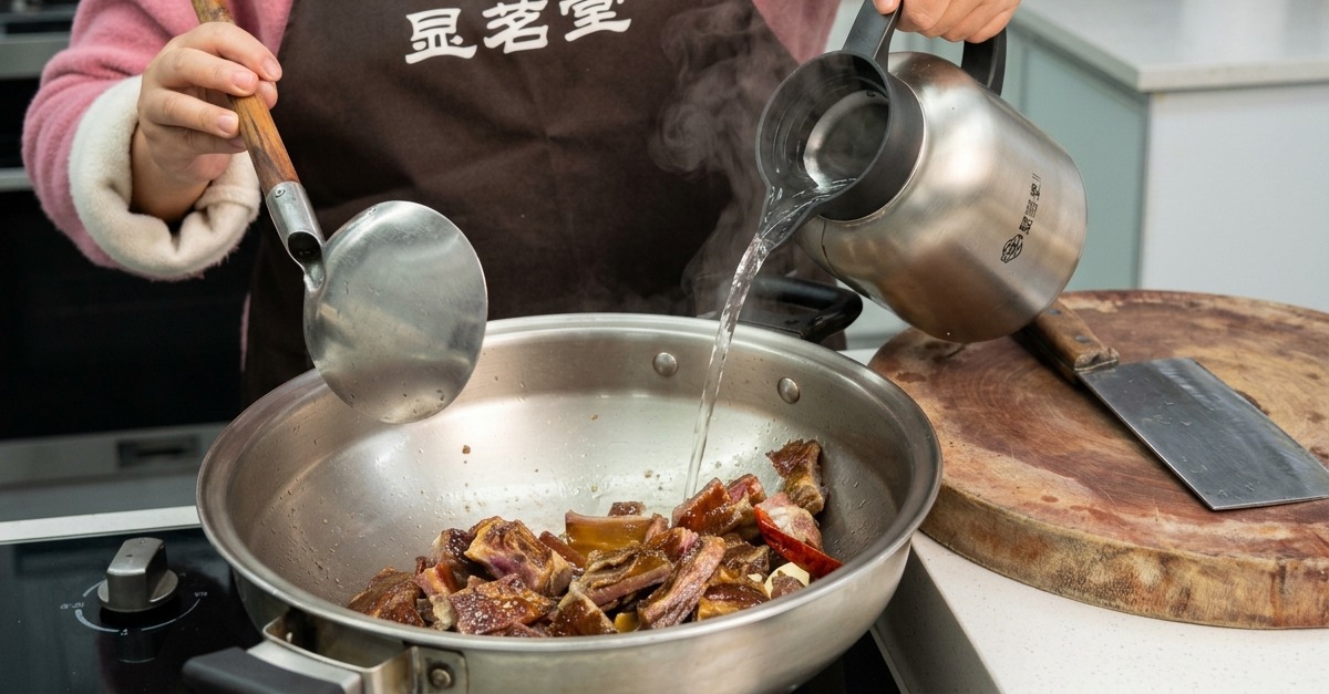 干し豚スペアリブと香味スパイスが入った中華鍋に、ステンレス製の魔法瓶から熱湯が注がれている様子。