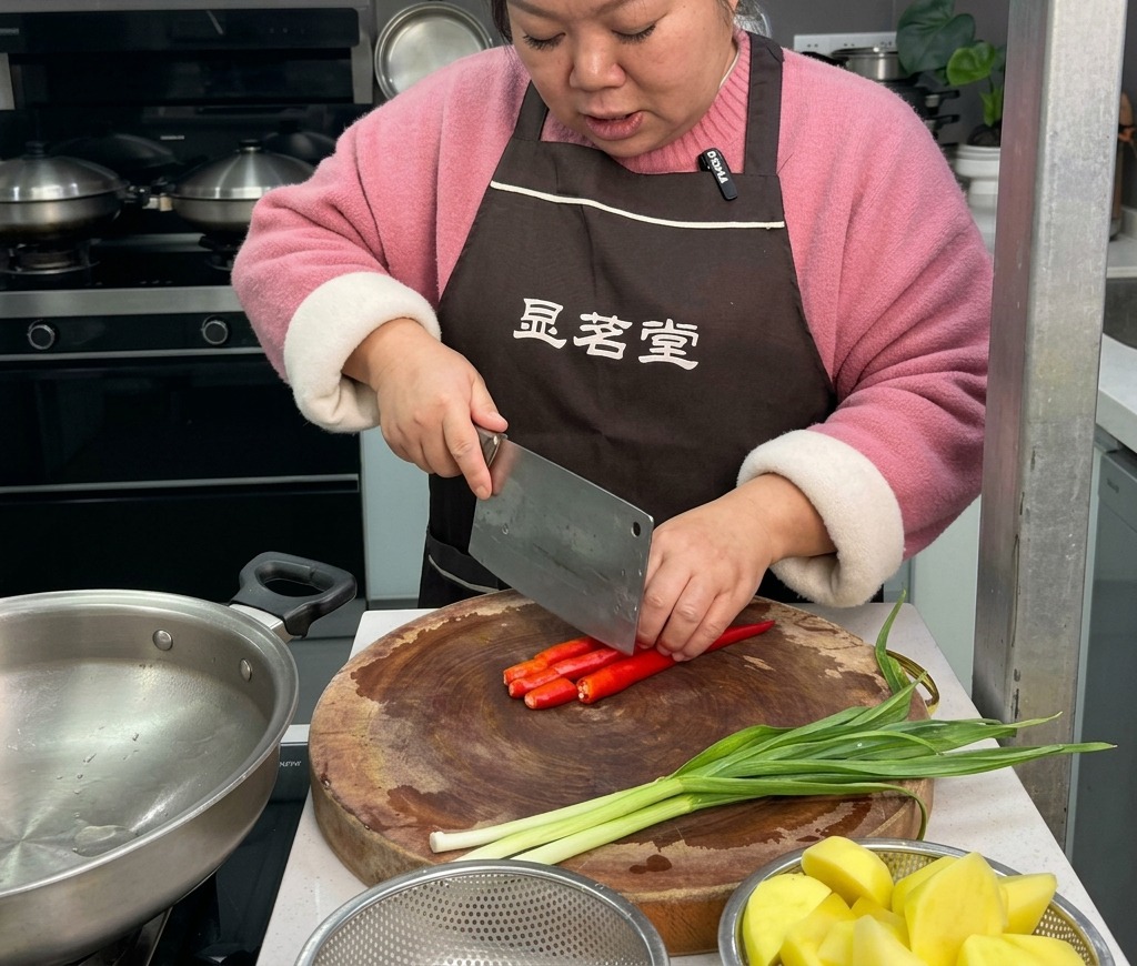 木製のまな板の上で新鮮な生の赤唐辛子を切り刻む女性。すぐ近くにはみずみずしい緑の葉にんにくが置かれている。