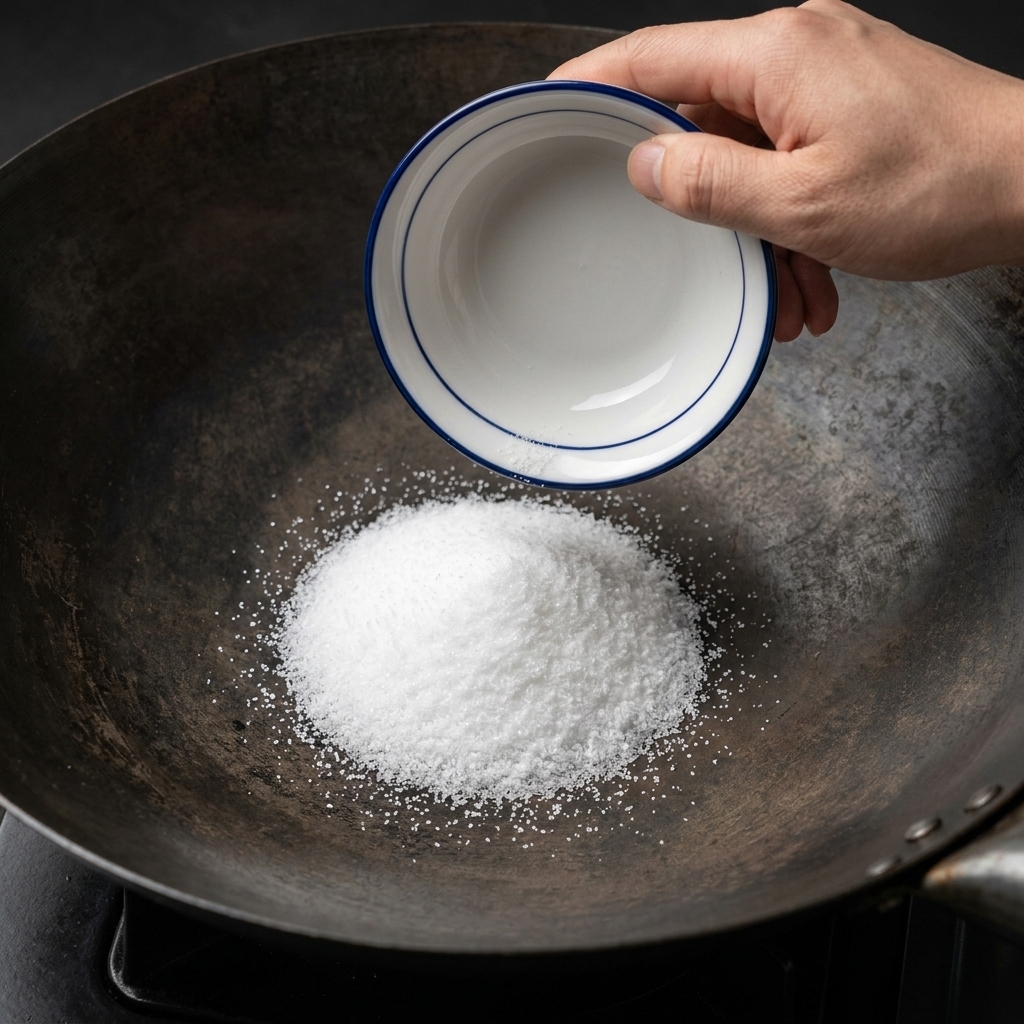 油分のないきれいな中華鍋に、小さな器から白い食塩を注ぎ入れ、その上に八角やローリエなどのスパイスをのせている様子。
