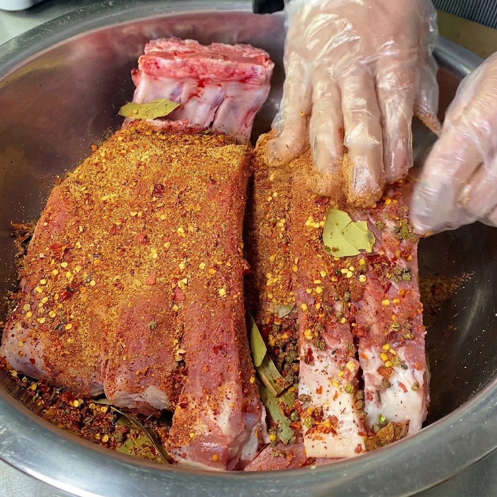 手袋をつけた両手で、鮮やかな赤色のスパイス塩を長い豚スペアリブの塊全体に力強くすり込んでいる様子。