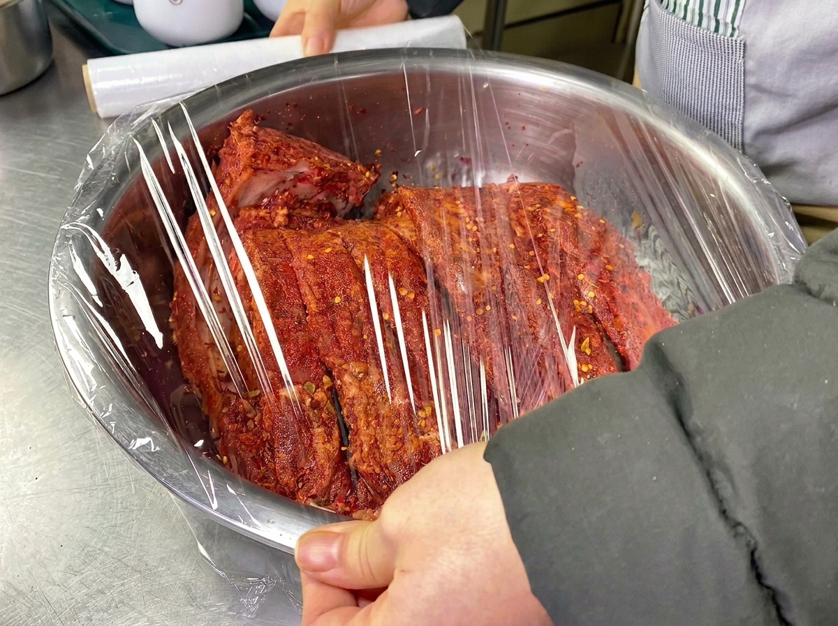 味付けしたスペアリブが入ったステンレス製のボウルに、密閉するように透明なサランラップをかけている様子。