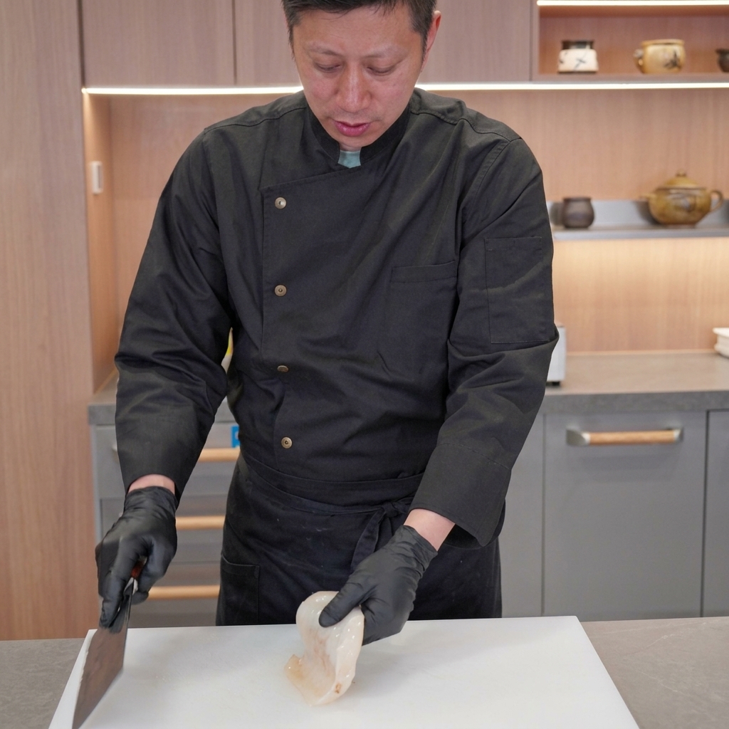 黒い手袋をはめたシェフが、白いプラスチック製のまな板の上で、大きな中華包丁を使って生の白いイカの胴体を丁寧に切り分けている様子。