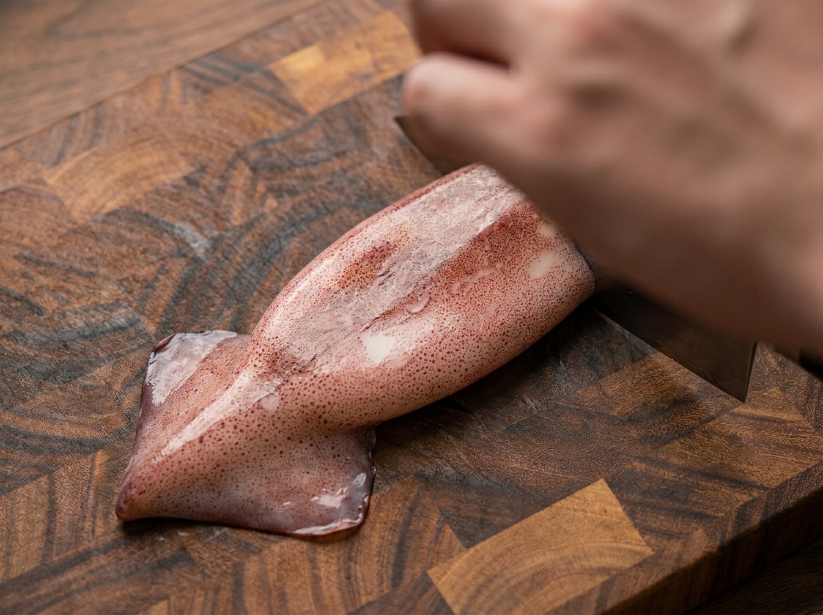木製のまな板の上で、包丁を使って新鮮な生のイカの胴体を輪切りにしている様子。