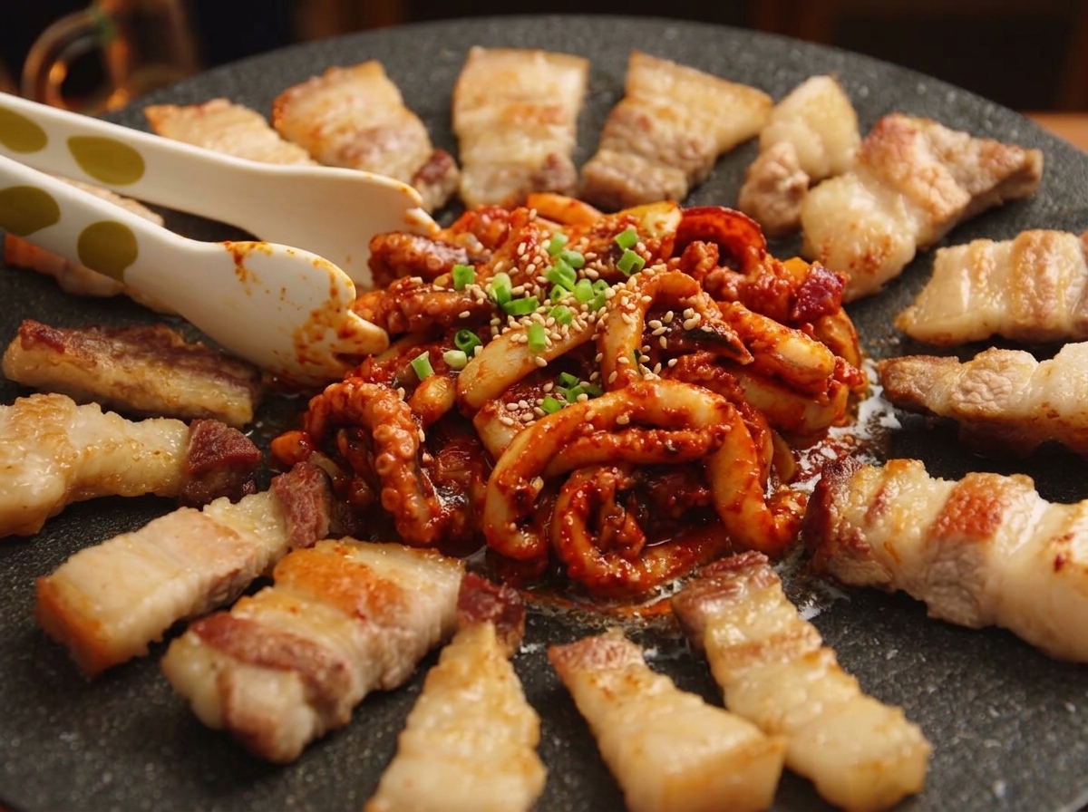 円状に並べられた豚バラ肉の中央に、いりごまとねぎをトッピングした旨辛いマリネイカを配置した様子。