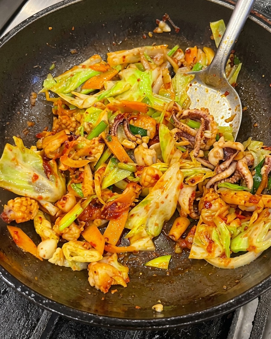 中華鍋の中で、艶やかな赤色のピリ辛ソースが全体にしっかりと絡んだイカ、豚バラ肉、キャベツ、人参をヘラで炒めているクローズアップ写真。