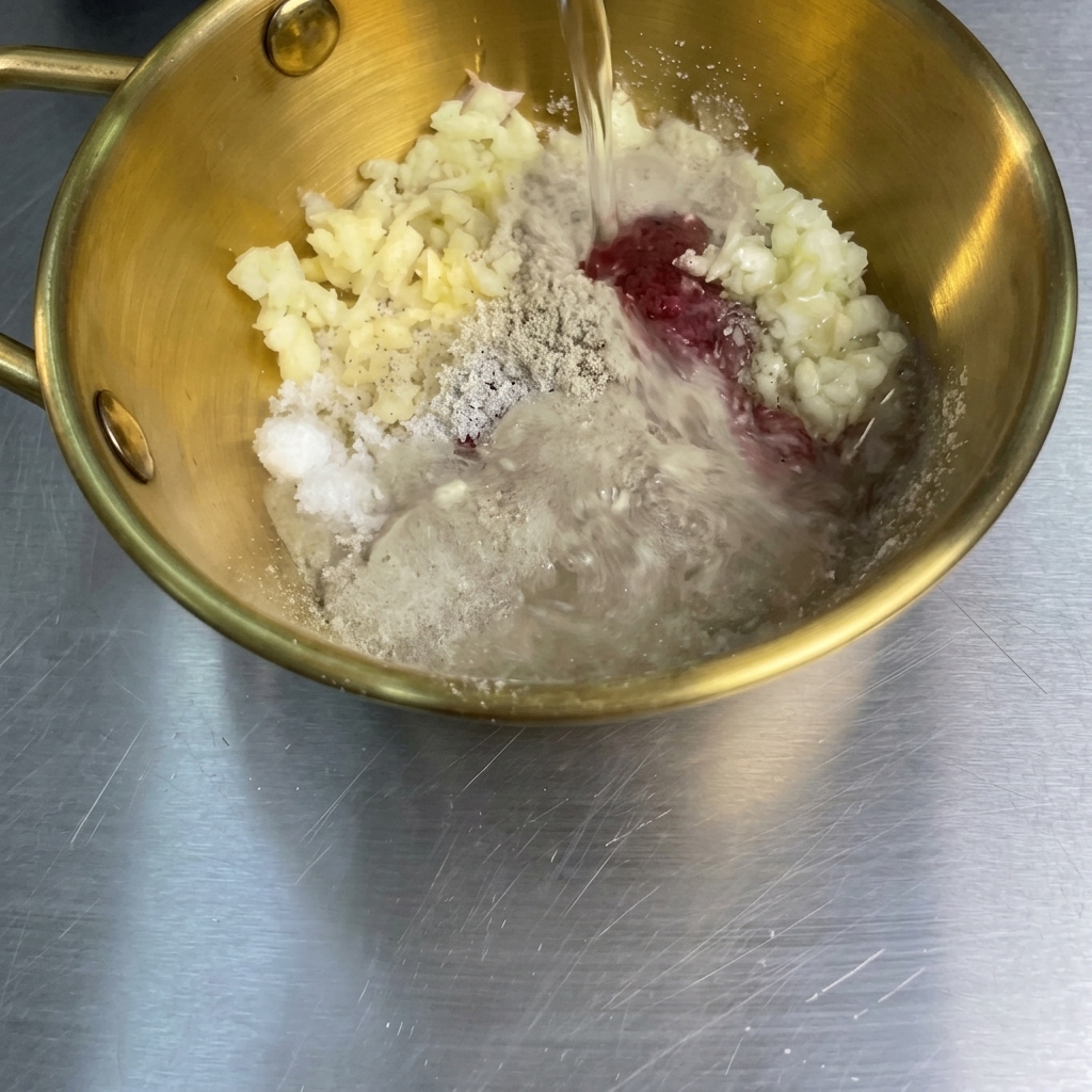 おろしにんにく、コチュジャン、乾燥調味料が入ったゴールドのボウルに、透明な炭酸飲料が上から注がれている様子。