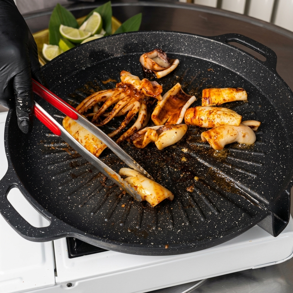 熱い黒のグリルパンの上で、トングとハサミを使って焼き上がったイカのゲソや胴体を切り分けている様子。