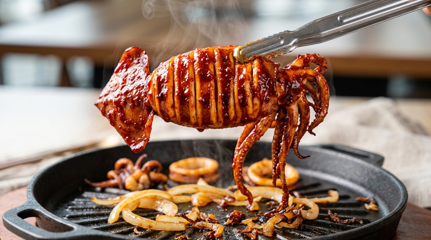 熱々ジューシー！旨辛にんにく焼きイカ（オジンオグイ）