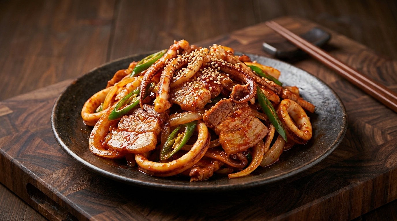 旨辛韓国料理！イカと豚バラ肉のコチュジャン炒め（オサムプルコギ）
