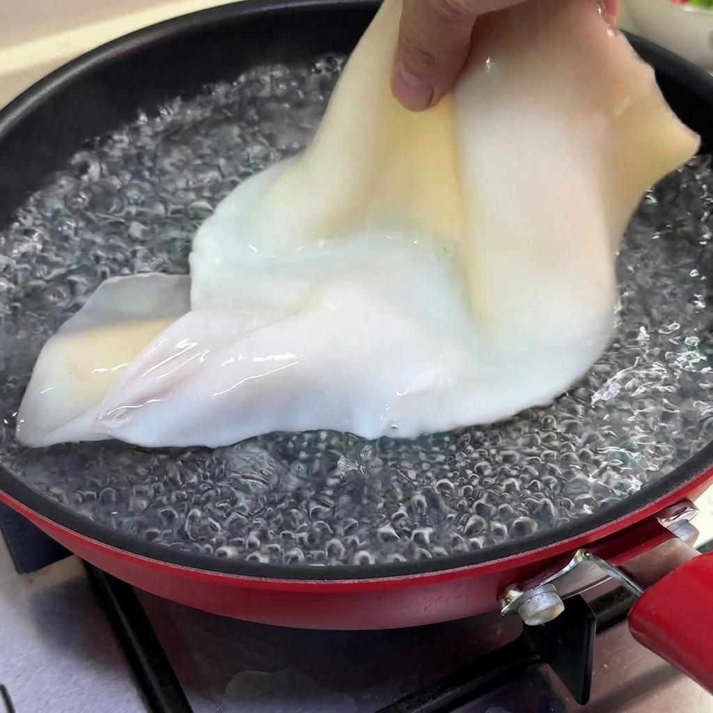 沸騰したお湯が気泡を立てる鍋に、手で生のイカを丸ごとそっと入れている様子。
