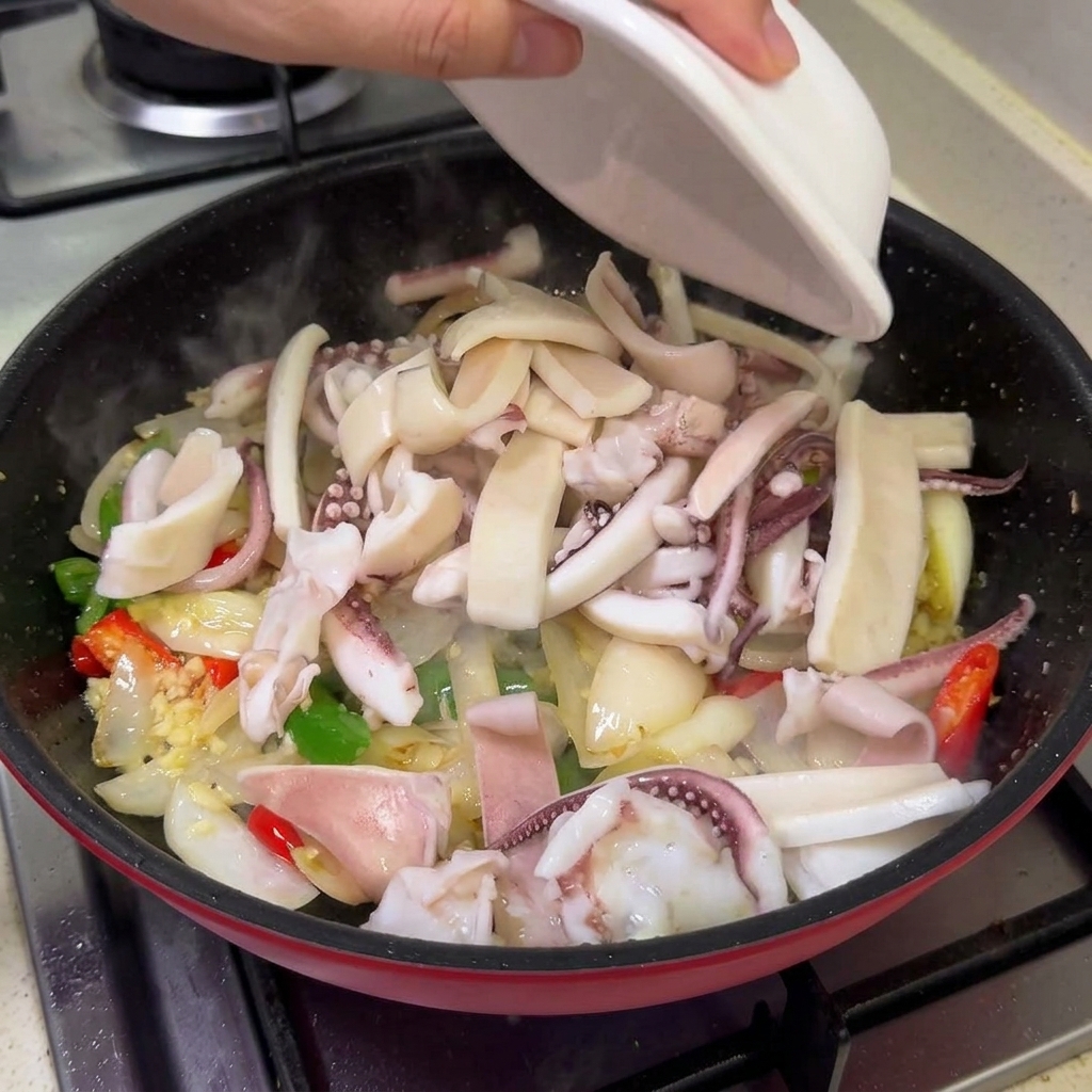 炒めた野菜が入ったフライパンに、ボウルから湯通ししたイカと先ほど焼いた豚バラ肉を加えている様子。