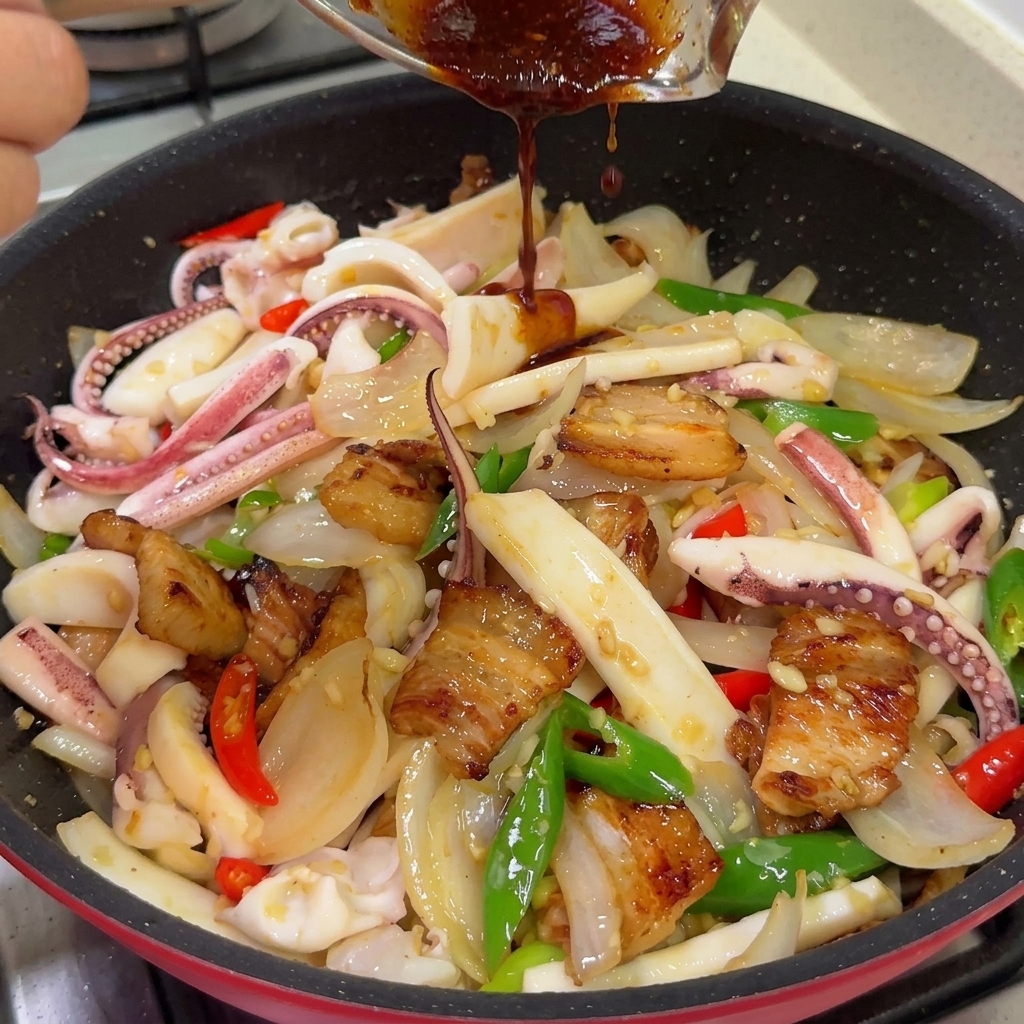 イカ、豚バラ肉、野菜が入ったフライパンに、濃い赤色の濃厚なチリソースが注がれている様子。