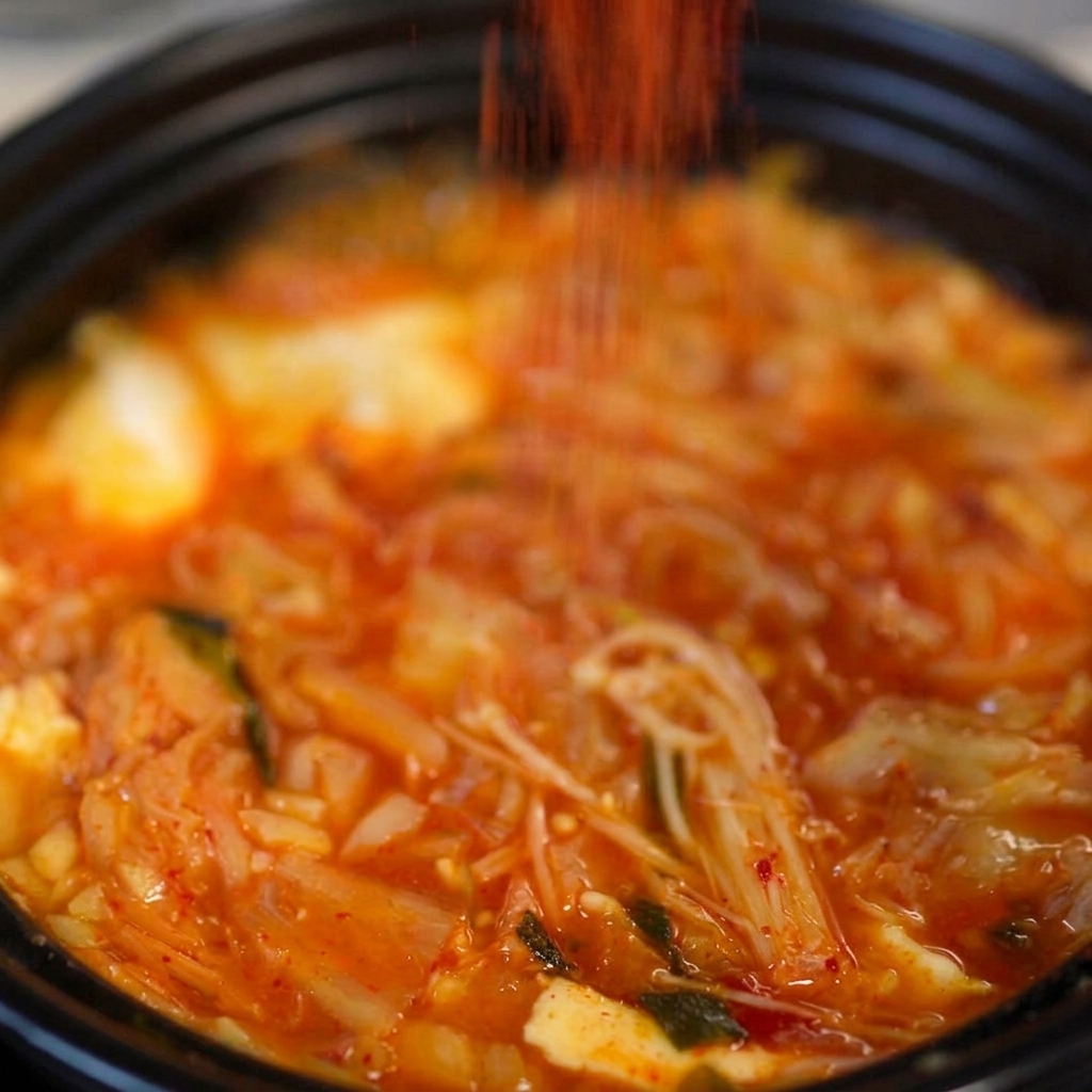 黒い土鍋の中でグツグツと煮立つ真っ赤なキムチスープのベースに、スプーンから鮮やかな韓国産粉唐辛子を振り入れている様子。