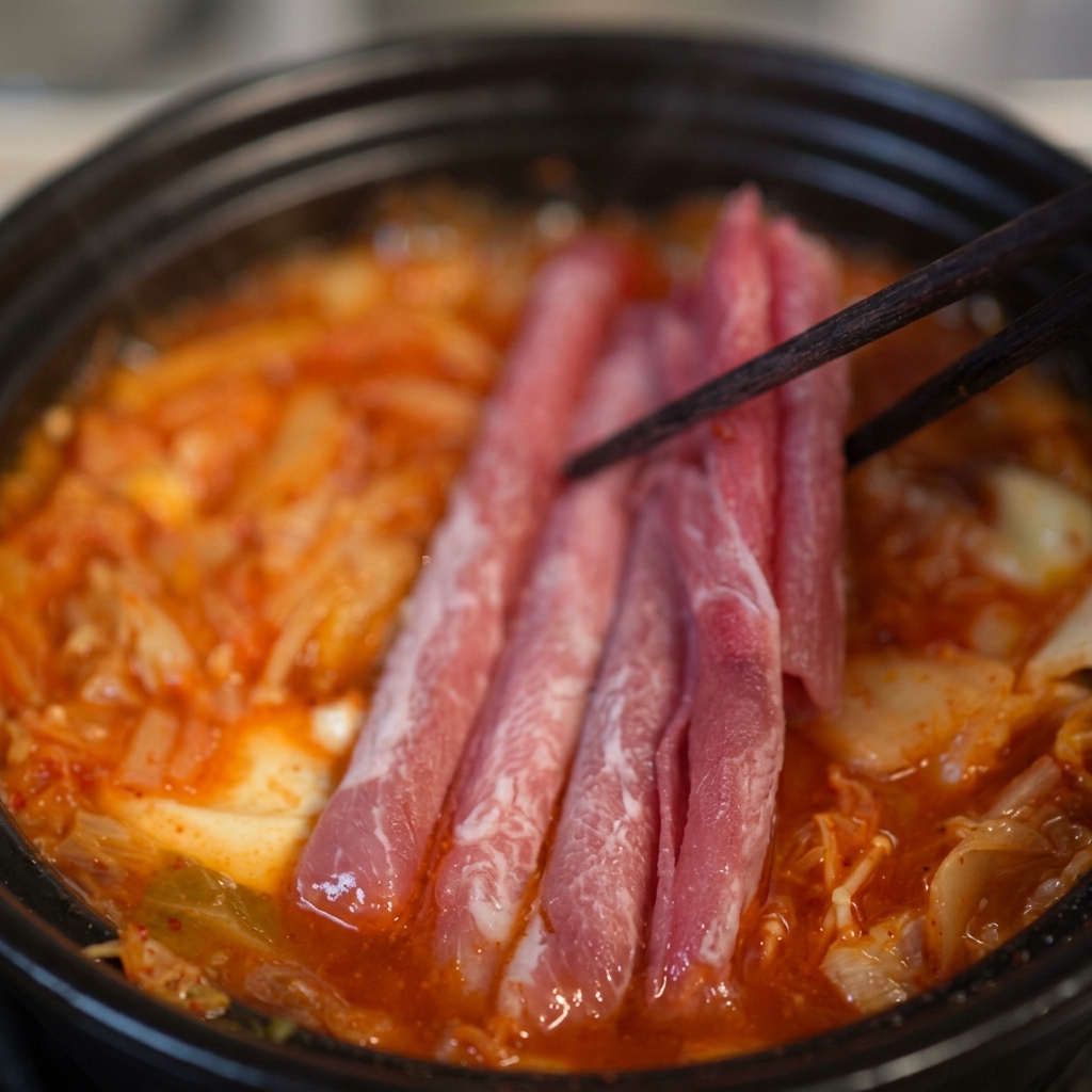 箸を使い、サシの入った生の薄切り牛バラ肉を、グツグツと沸騰する深紅のキムチスープの中に並べて入れている様子。