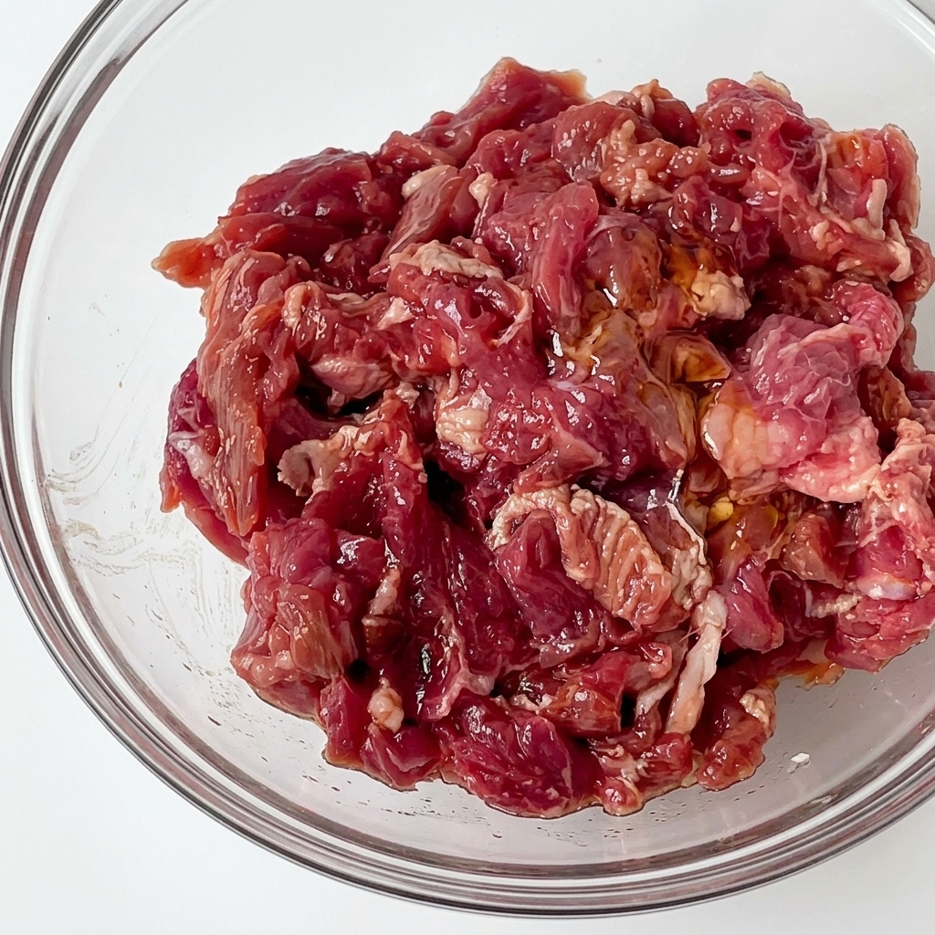 下味をつけた生の牛肉にサラダ油が絡み、透明なガラスのボウルの中でツヤツヤと輝いている様子。