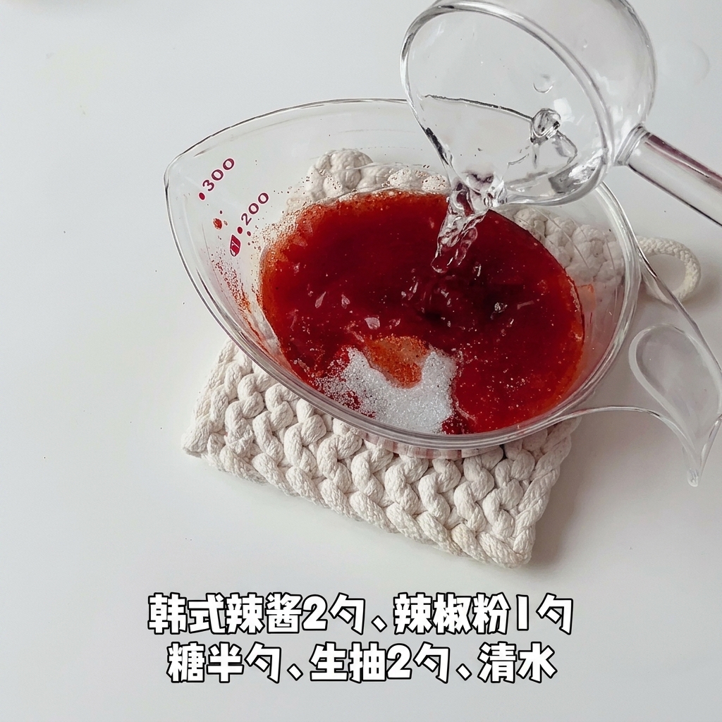 コチュジャン、粉唐辛子、砂糖が入った透明な計量カップに、ガラスのコップから水を注いでいる様子。