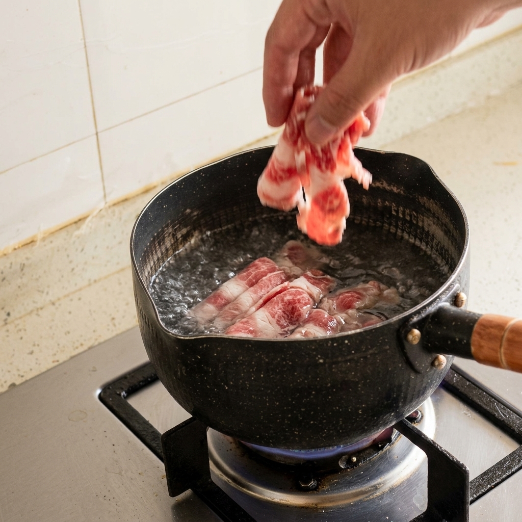 沸騰した鍋の湯に、薄切りにされた生の牛バラ肉を入れている様子。