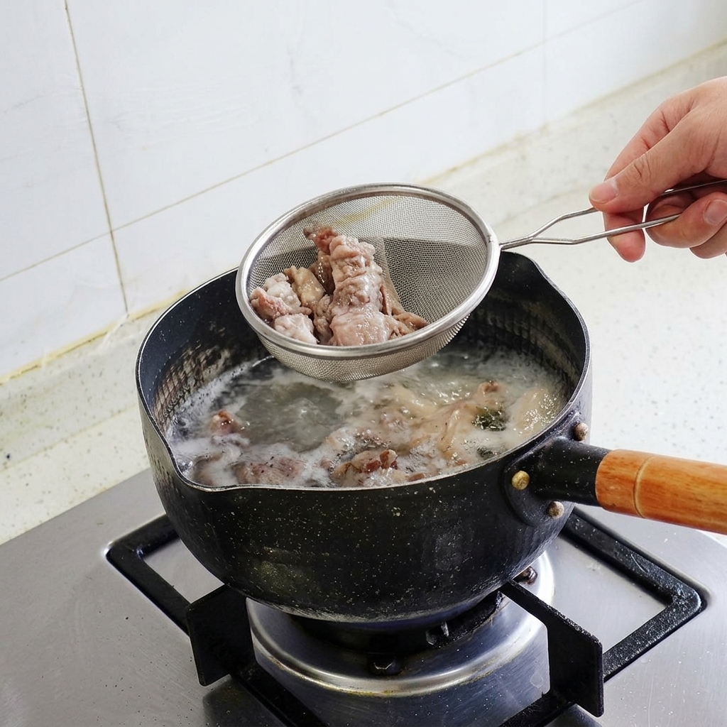 湯気が上がる鍋から、網しゃくしを使って下茹でした牛バラ肉をすくい上げている手元。