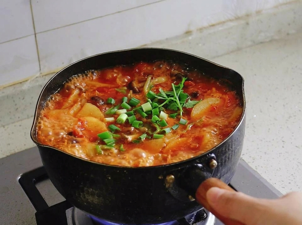 肉や豆腐が入ってグツグツと沸き立つキムチスープの上に、刻んだ新鮮な青ねぎが散りばめられている様子。