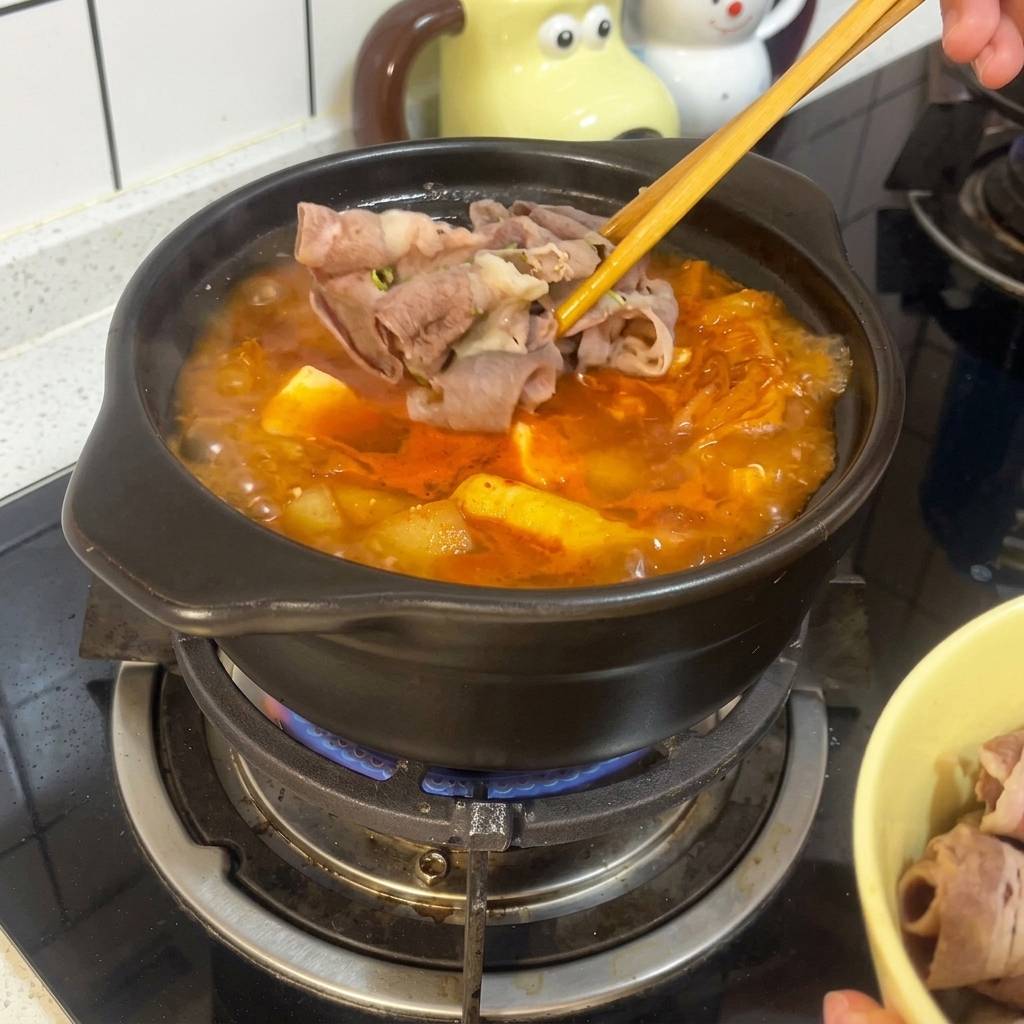 土鍋に入った辛い豆腐とキムチのチゲの上に、下茹でした牛薄切り肉を箸で乗せている様子。