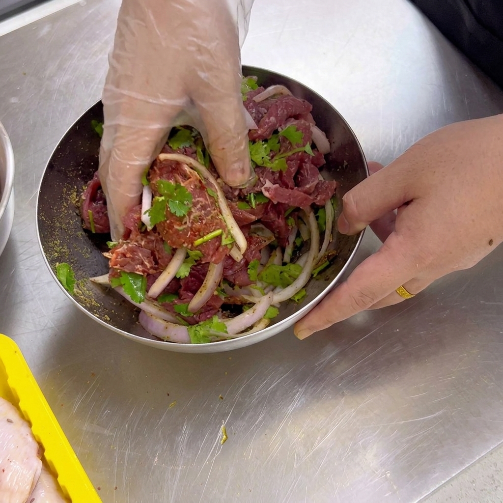 透明な使い捨て手袋をはめた手で、ステンレスボウルの中の生の薄切り牛肉、玉ねぎ、香菜、クミンスパイスをしっかり混ぜ合わせている様子。