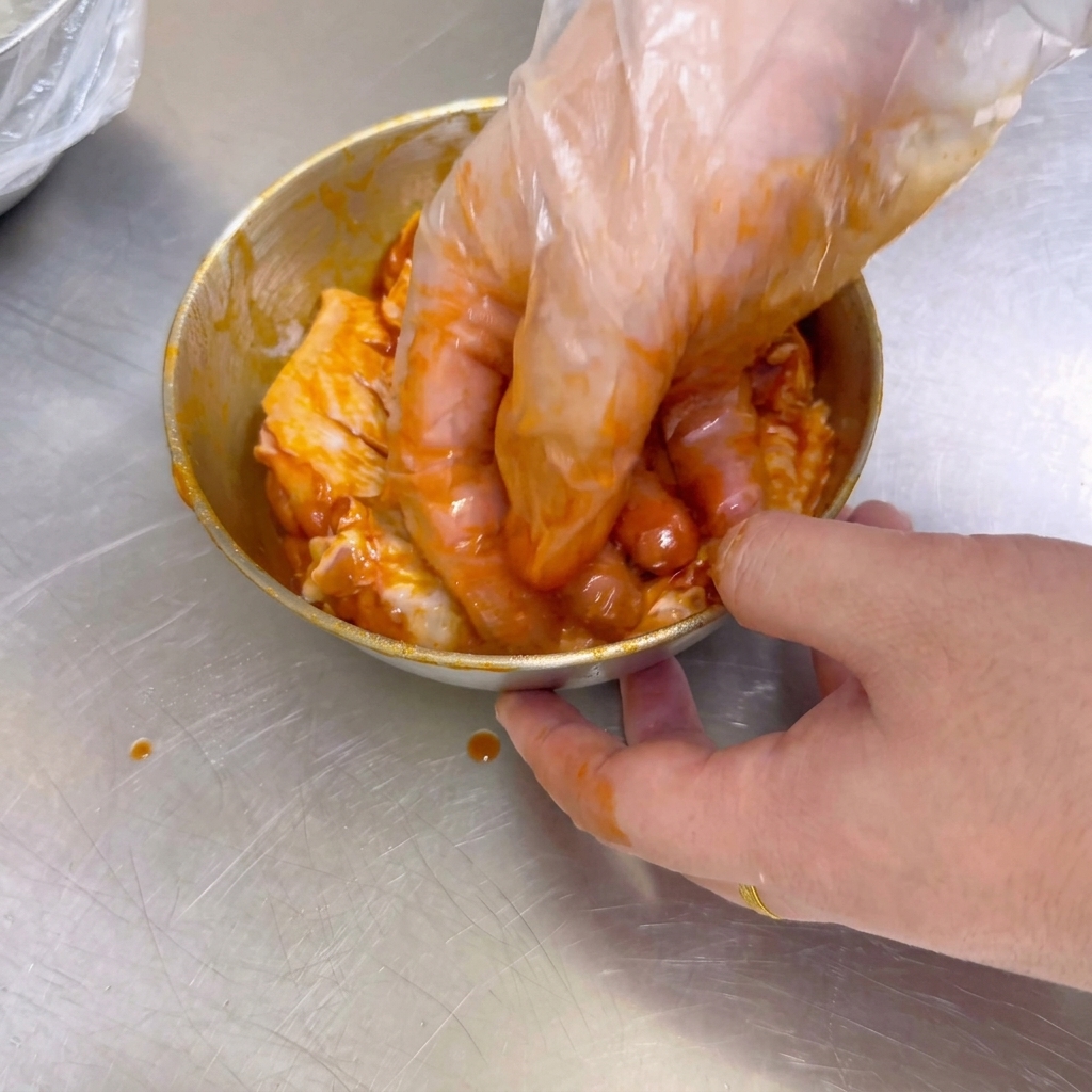 手袋をはめた手で、ボウルの中の生の鶏手羽先に鮮やかなオレンジ色の漬け込みタレをしっかりと揉み込んでいる様子。
