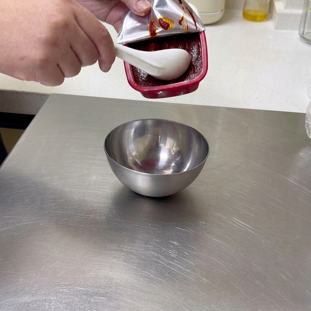 小さなステンレス製のボウルに、白い陶器のスプーンを使って容器から濃厚な赤色のコチュジャンをすくい入れている様子。