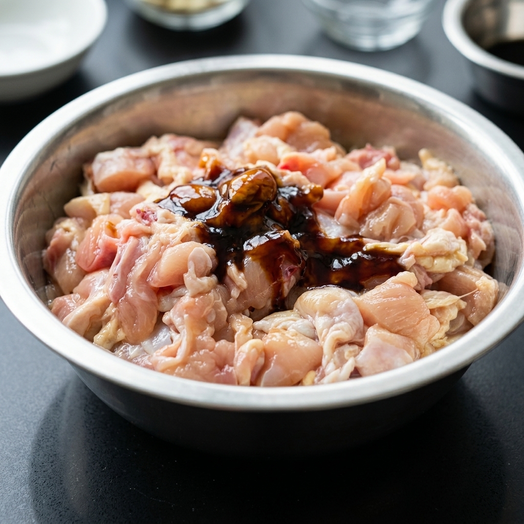 ステンレス製のボウルに入った新鮮な生の鶏もも肉に、薄口醤油と濃厚なオイスターソースが加えられている様子。