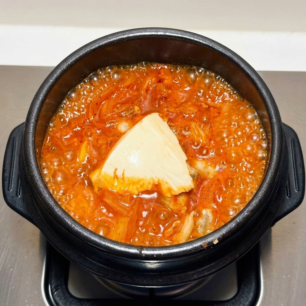 グツグツと煮える海鮮キムチスープの中央に、なめらかな白いお豆腐の大きめの塊がのっている様子。