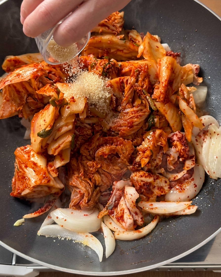 鍋の中で炒められている刻みキムチと豚肉の混合物の上に、小さなボウルからきび砂糖を振りかけている様子。
