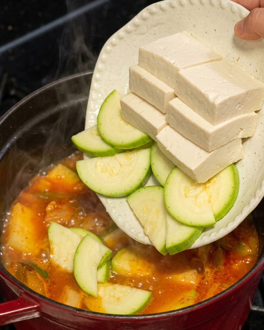 お皿から、厚切りの木綿豆腐と半月切りの緑色のズッキーニを、沸騰した赤いキムチチゲにそっと滑り込ませている様子。