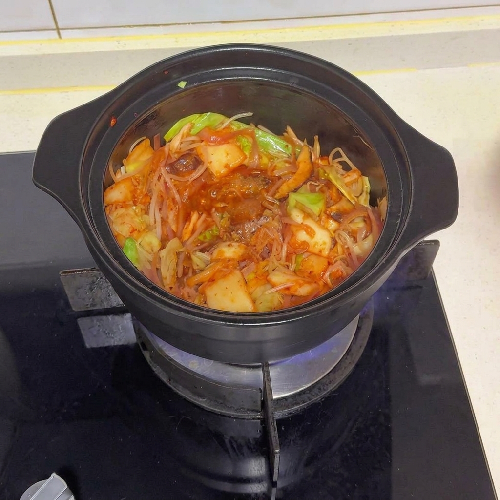 野菜とキムチが炒められた黒い鍋に、各種調味料と赤唐辛子が振りかけられている様子。