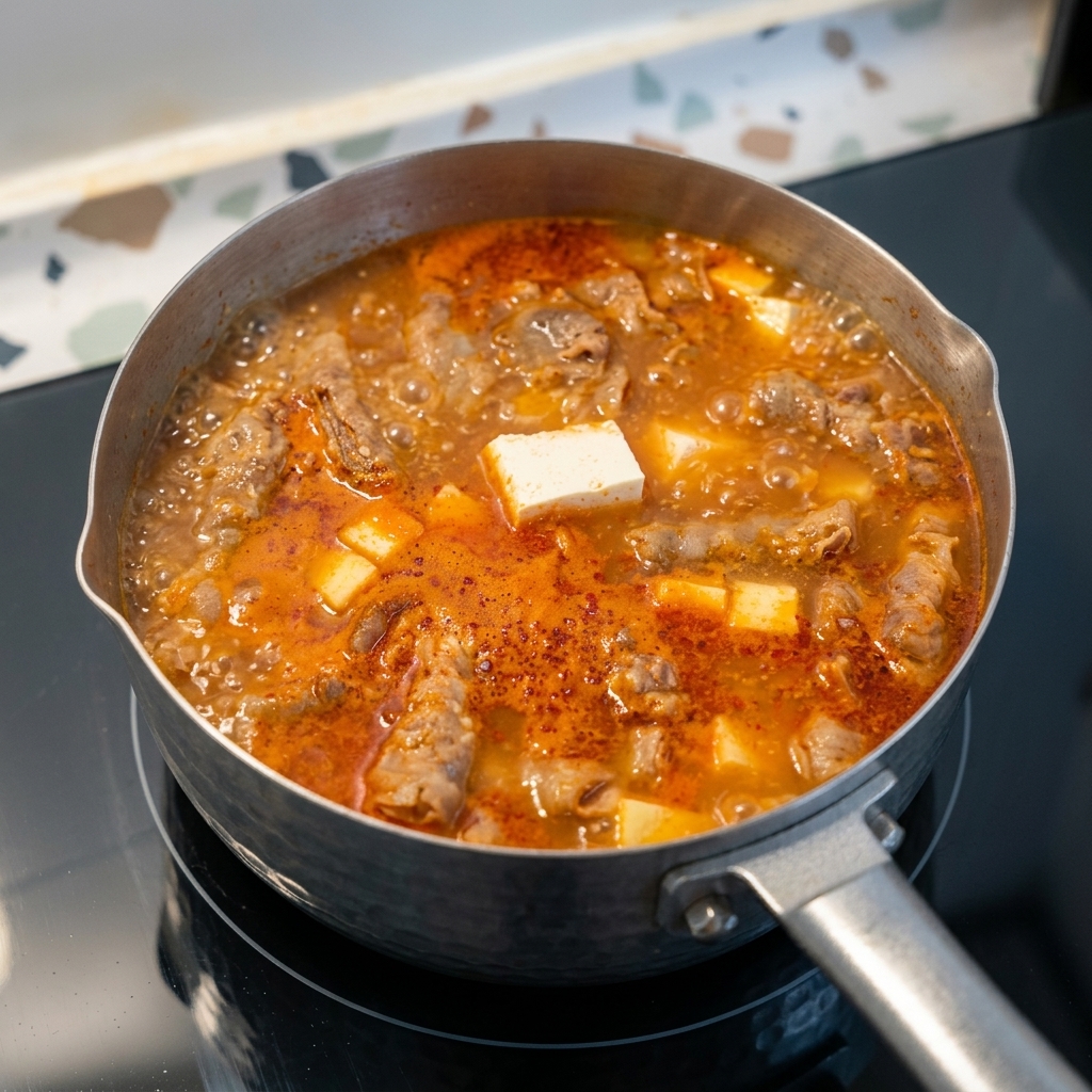 オレンジ色の韓国味噌スープの中で、野菜と一緒に四角く切った白い豆腐が煮えている様子。