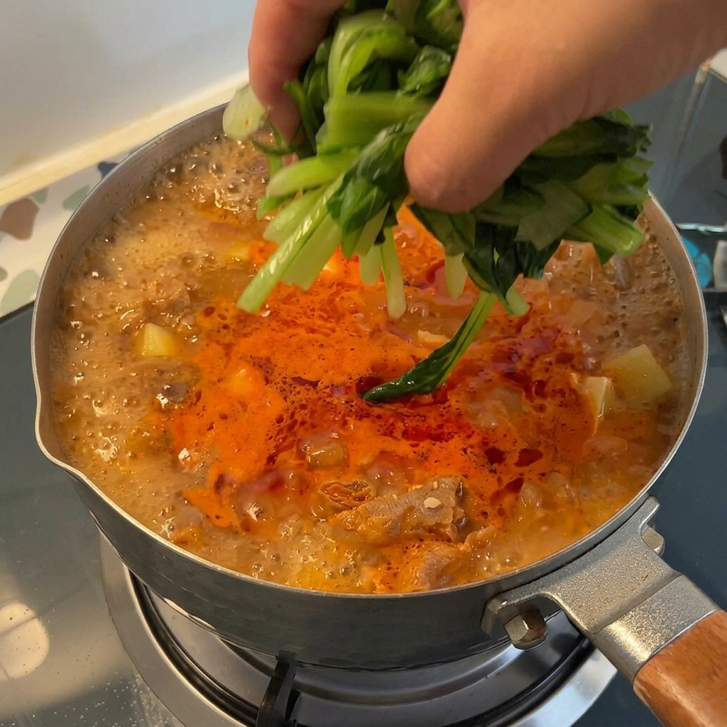 グツグツと煮える鍋に、手で鮮やかな緑色に下茹でしたチンゲン菜を加えている様子。