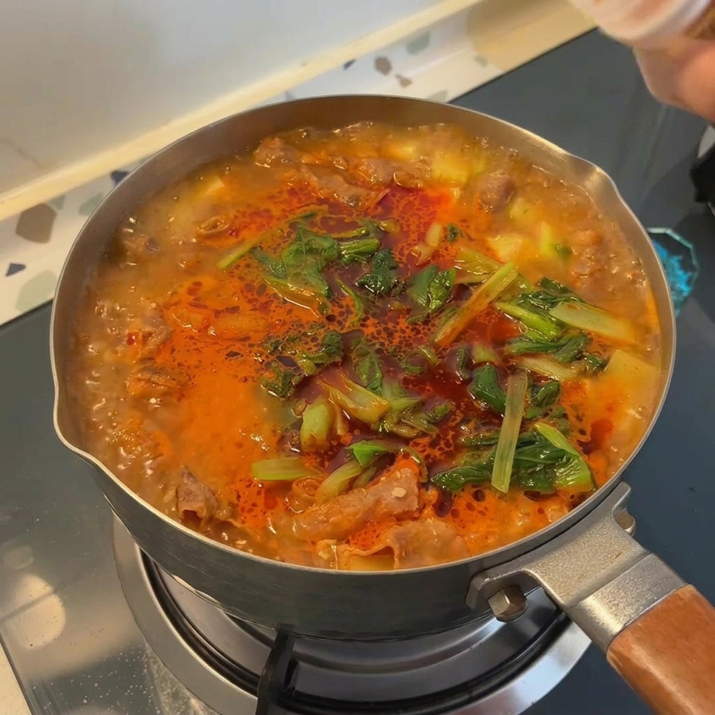 緑の野菜がたっぷり入った韓国味噌チゲの鍋に、手で茶色い牛肉ダシダの粉末を振り入れている様子。